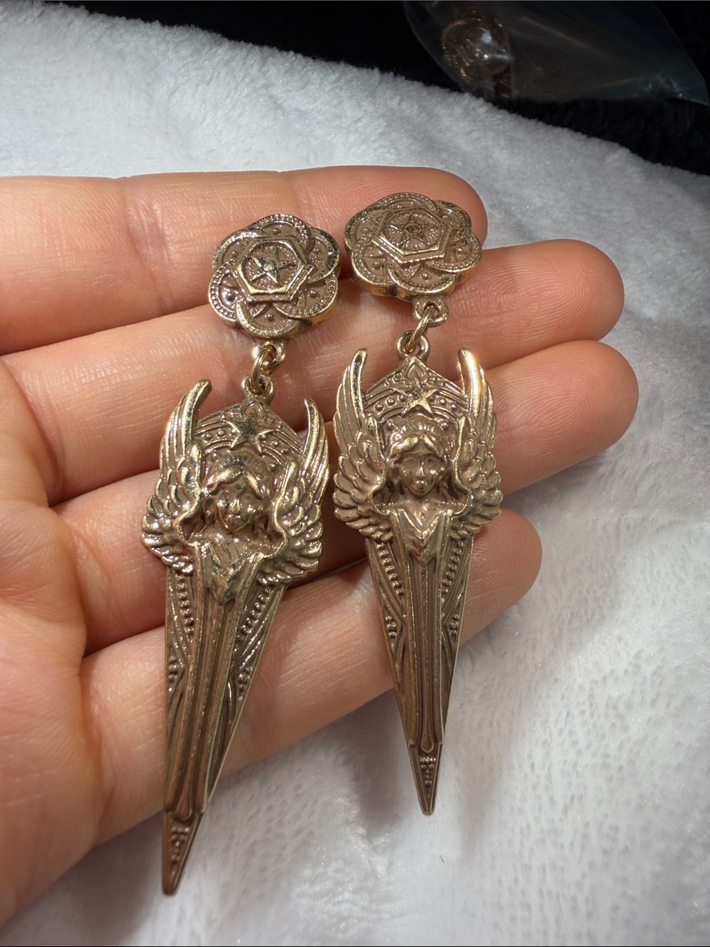 Gold Angel Wing Drop Earrings - Women's Jewelry - Picture 2 of 6